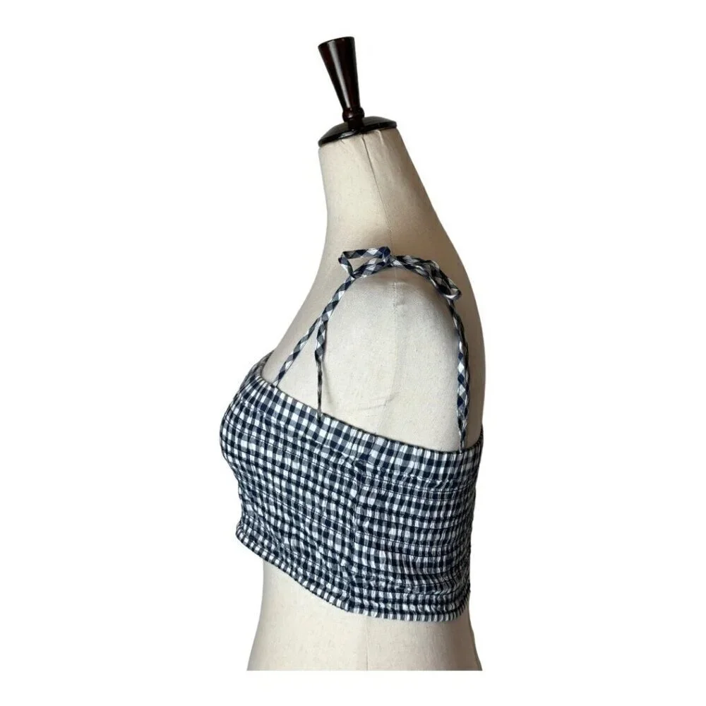 J Crew Shirt Women Small Navy Blue White Cotton Gingham Smocked‎ Cropped Top